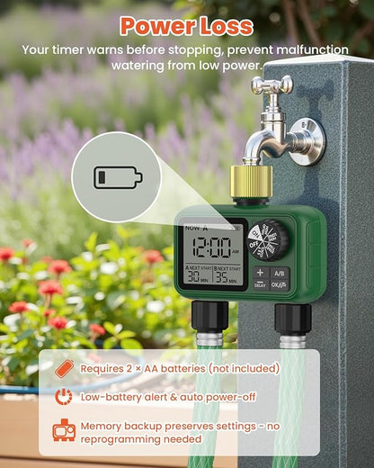 2 Outlet Sprinkler Timer Brass, XinFuture Programmable Water Sprinkler Controller for Yard, Lawn & Greenhouse, Automatic/Manual/Rain Delay Mode, Compatible with Drip Irrigation Systems
