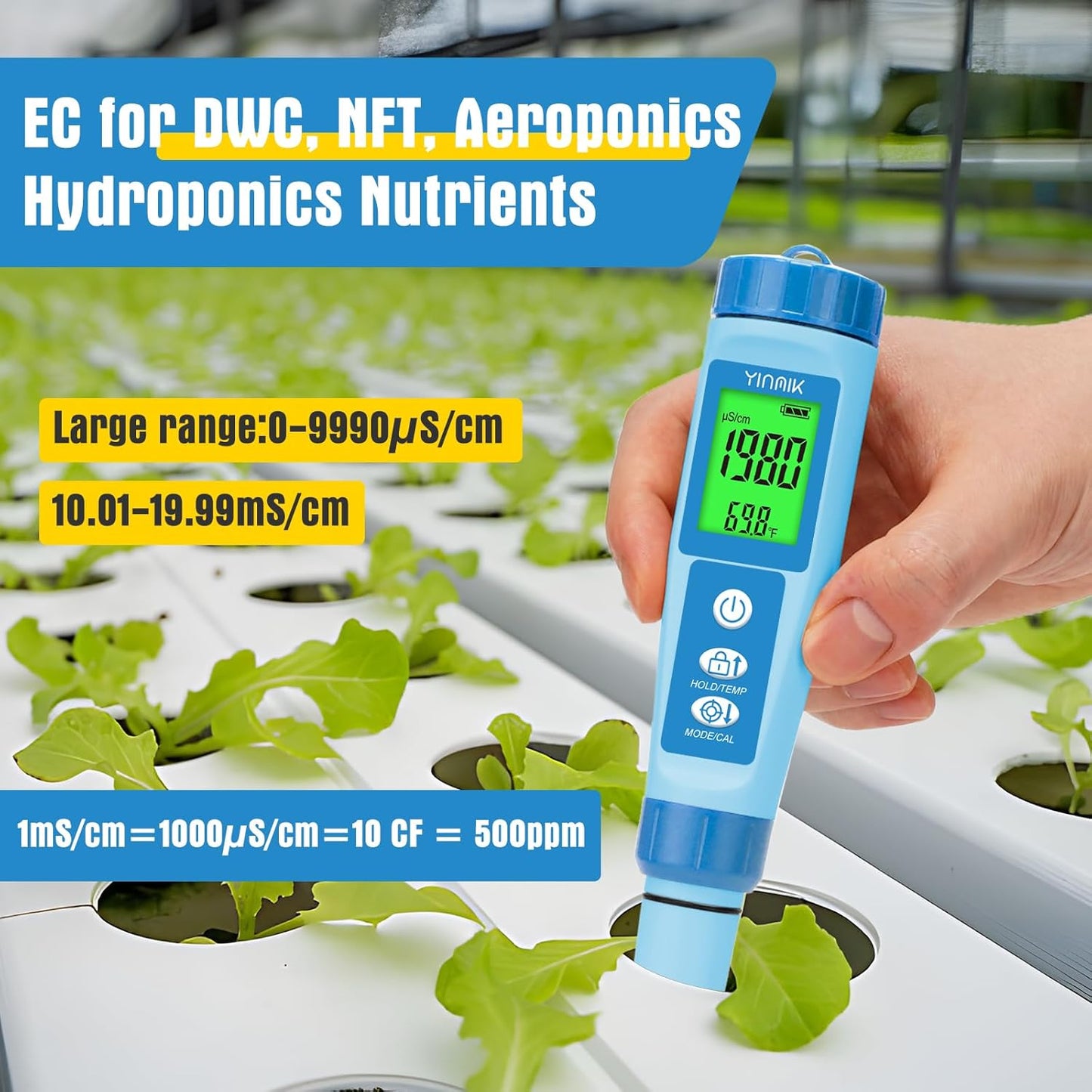 YINMIK Water pH Meter, Digital 4 in 1 pH Temp EC TDS Meter for Hydroponics, PH Conductivity PPM Tester with EC Calibration Liquid, Suit for Growing Nutrients,Reservoir Tank,DWC,Brewing,Pool, Aquarium