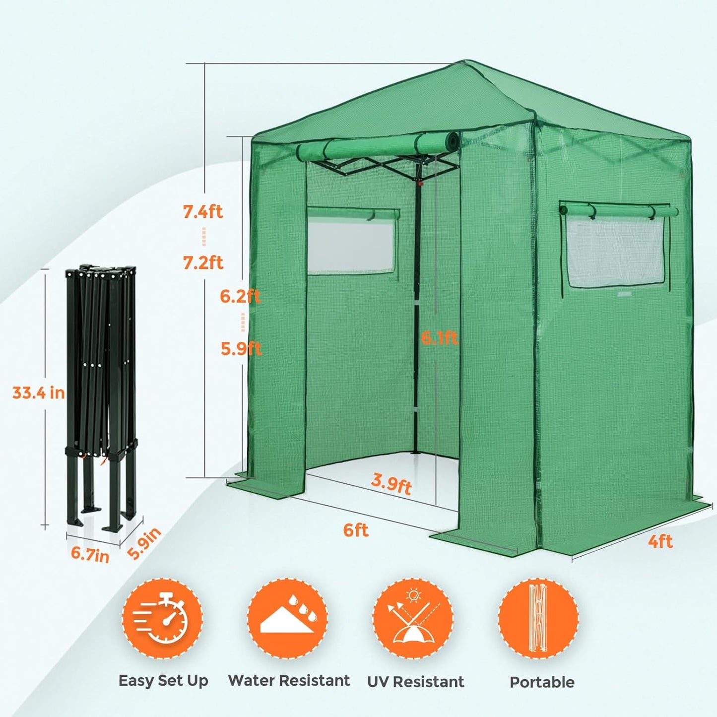 EAGLE PEAK Instant Pop-up Greenhouse, Indoor Outdoor Plant Gardening Green House, Roll-Up Zipper Doors and Side Windows, Walk in 6x4 ft, PE Cover, Green/Clear