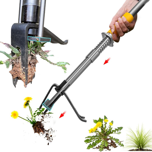 Metal Manual Weeder-48 Stand Up Weed Puller Tool with Steel Push Handle - Made with All Steel & 4-Claw Steel Head-Easily Remove Weeds in Garden Yard Lawn Without Bending Or Kneeling