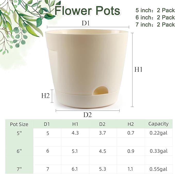 Self Watering Pots for Indoor Plants, 5+6+7 Inch 6 Pack Self Watering Planter with Reservoir for All Housplants Flowers Garden, Plastic Flower Pots for Succulents Planting Pot (Cream White)