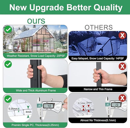 CDCASA 20x10x10 FT Greenhouse for Outdoors, Easy Assembly Large Thicker Aluminum Heavy Duty Polycarbonate Greenhouses Kit w/4 Vents, Swing Door, Outside Walk-in Green House for Sunroom Patio,Backyard