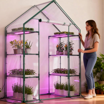 Indoor Greenhouse with Grow Light, 4-Tier 56.3"x28.7"x76.8" Mini Greenhouse with Roll-Up Zippered PVC Cover for Seed Starting Trays, Dimmable Grow Light Shelf for Indoor Plants with Timer