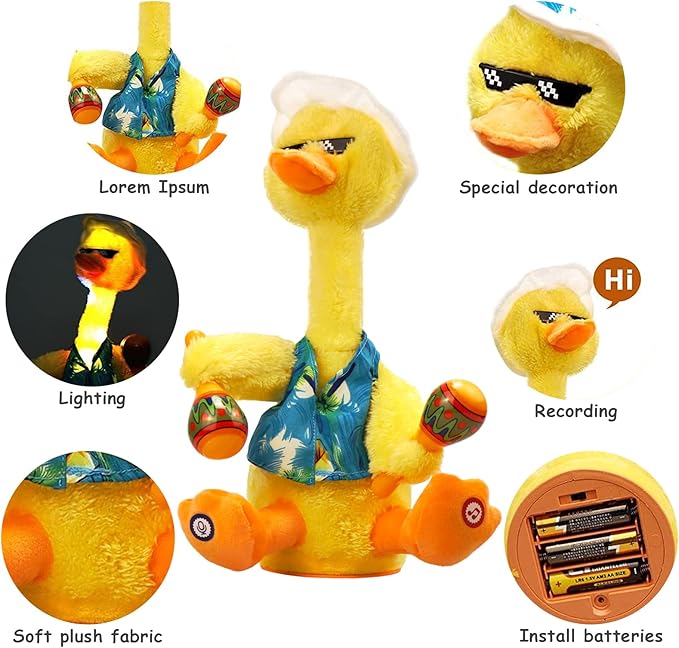 Talking Dancing Duck Toy, Repeating What You Say, Mimicking Toy Dancing Duck Baby Toys for Infants, Singing Duck Stuffed Animal Plush Toys, Baby Toys 6-12 Months Musical Interactive Tummy Time Gifts