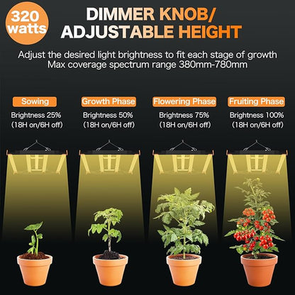 Grow Lights for Indoor Plants, 320W LED Grow Light, 3x3ft Coverage Full Spectrum Daisy Chain Growing Light, Dimmable & Retractable Bar Style Grow Lamp for Greenhouse Vegetable Flower