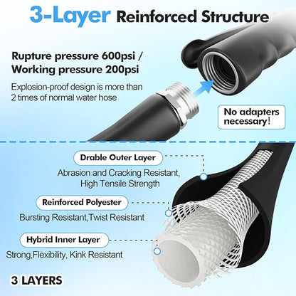 SPECILITE 5/8" Hot/Cold Garden Hose 25 ft with Industrial High Pressure Nozzle, Flexible & Lightweight, 600psi Burst Rubber Water hose -50℉-158℉ With 3/4"Stainless Steel Fittings for Yard, Black