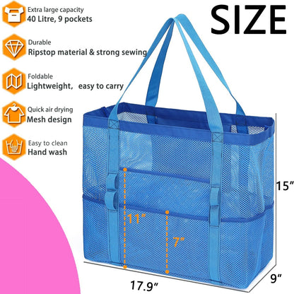 Mesh Beach Bag, Large Beach Tote with Zipper Pocket for Family Pool Bag for Toys & Vacation Essentials