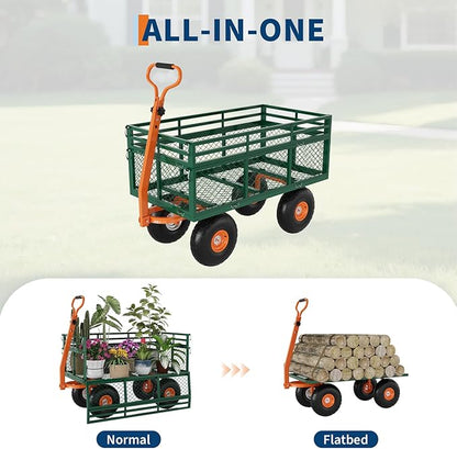 Versatile Garden Cart for Lawn and Yard with Heavy Duty Steel, 1400 Lbs Capacity Mesh Steel Garden Cart Folding Utility Wagon with Removable Side Panels, Long Handle, 10" Tires - Green and Orange