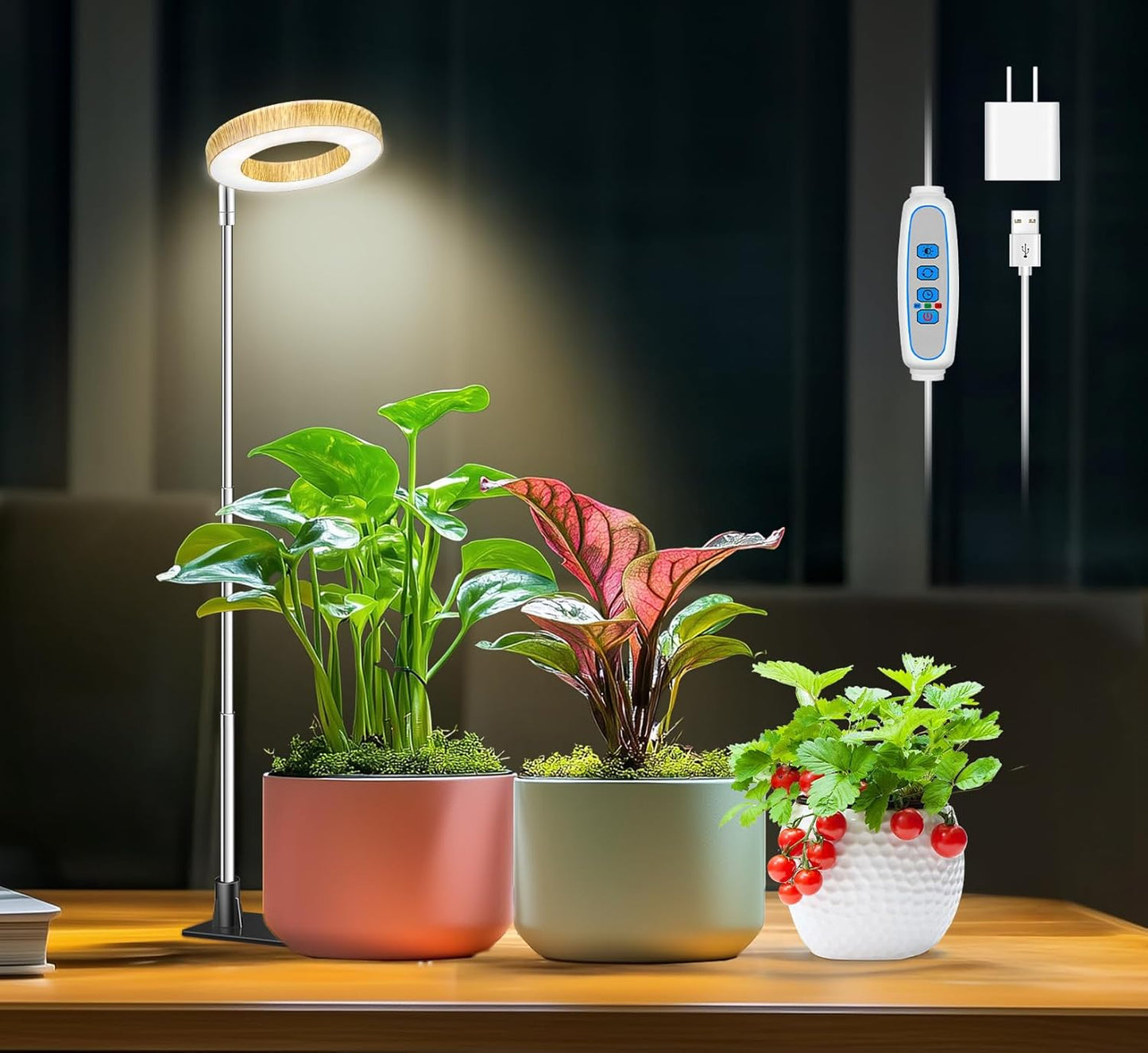 Grow Lights for Indoor Plants, 48 LEDs Full Spectrum Plant Grow Light, Height Adjustable Faux Wood Grain Halo Plant Light with Base, 3 Optional Spectrums, Auto Timer 6/12/16Hrs, 5 Brightness