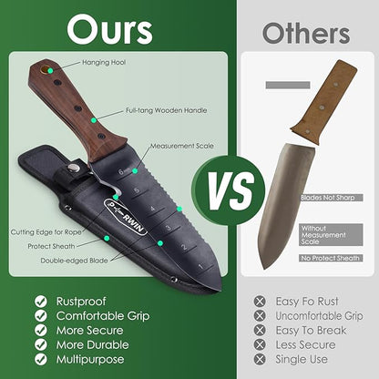 Hori Hori Garden Knife, Garden Tools with Sheath for Weeding,Planting,Digging, 7" Stainless Steel Blade with Cutting Edge, Full-Tang Wood Handle with Hanging Hole