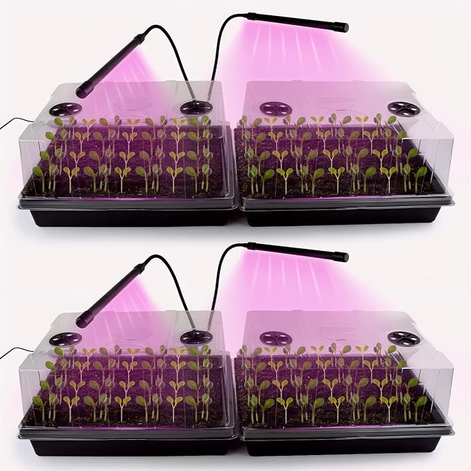 Seed Starter Tray with Grow Lights – 4 Pack Seedling Trays with 5" Humidity Domes & 4 LED Light Heads, Adjustable Timer, Full Spectrum for Indoor Germination, Herbs, Vegetables, Flowers