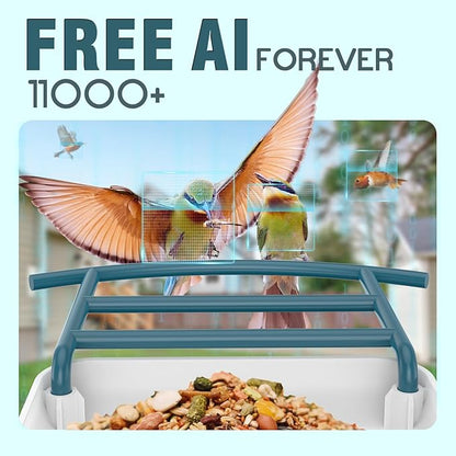 Bird Feeder with Camera, Free AI Forever for 11,000+ Species, 64G TF Card & 1080P HD, Solar-Powered Wireless Outdoor Design, App Alerts & Two-Way Audio for Garden Wildlife Watching (Haze Blue)
