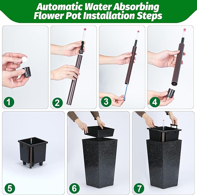 GarveeLife 22.5" Tall Planters Set of 2, Outdoor&Indoor Black Planter Pots, High Front Porch Planter Pots With Drainage Holes&Water Level Monitor&Inner Bucket, Automatic Watering, Black and White Dots