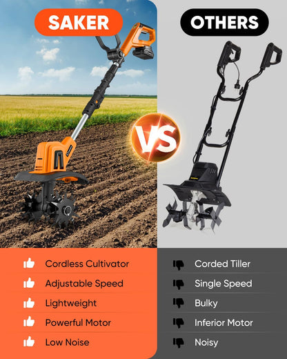 Saker 22V Cordless Electric Garden Tiller Cultivator, Rototiller for Gardening with 3 Adjustable Speed, 9-Inch Tilling Width, 6.3-Inch Depth for Soil Preparation, Weeding, and Gardening SK-TC18A