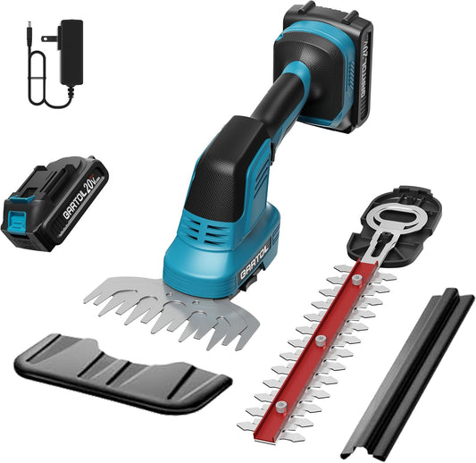 GARTOL Hedge Trimmer Cordless 2-in-1, 12'' Bush Trimmer & 20V Battery Powered Grass Shears with Battery & Charger, Lock, Fast Blade Change, Electric Hedge Shears Compatible with 18V Makita Batteries