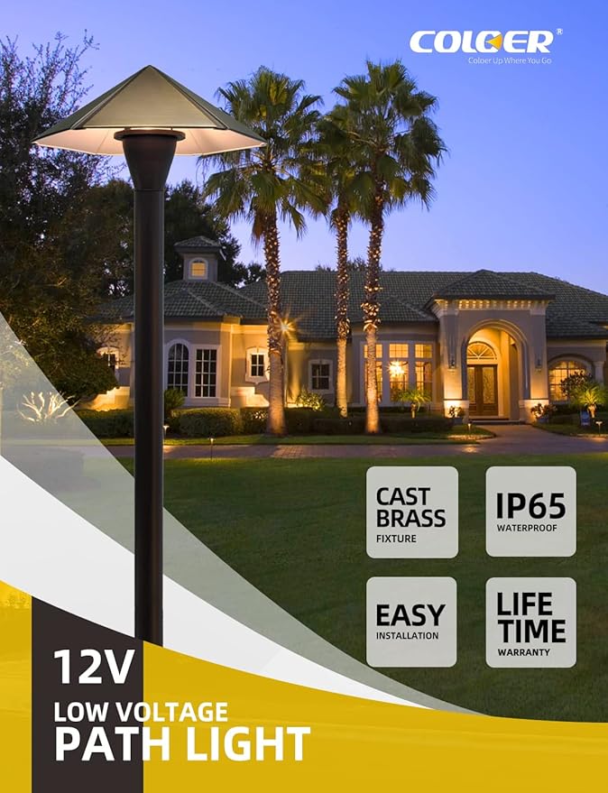 COLOER 12V Brass Outdoor Low Voltage Garden Path Lights for Outside(Bronze,23.2" Tall, 7.9" Shade) with 2W 2700K G4 LED Bulb(605B)