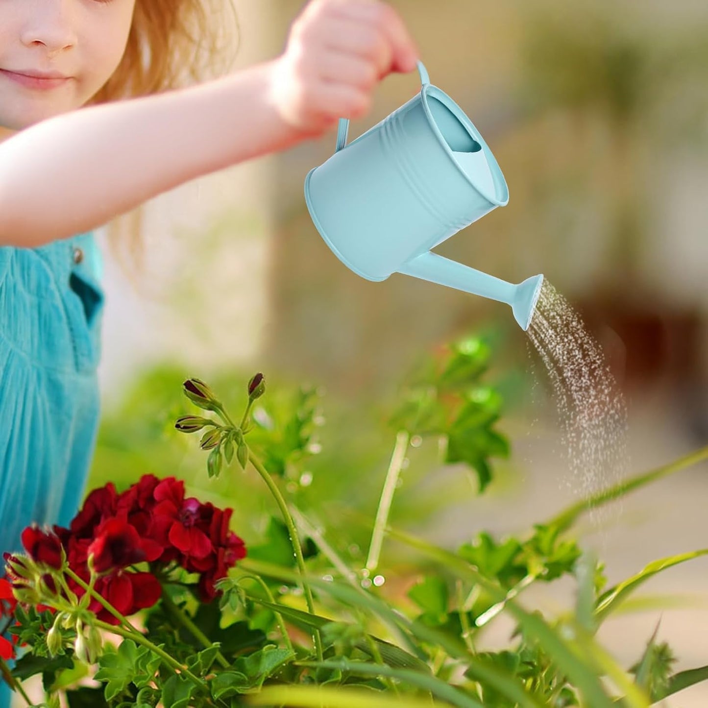 Small Metal Watering Can Set, Pink, 1.2L and 0.23L Garden Cans with Long Spout, Indoor Outdoor Plant Care (Green Blue)