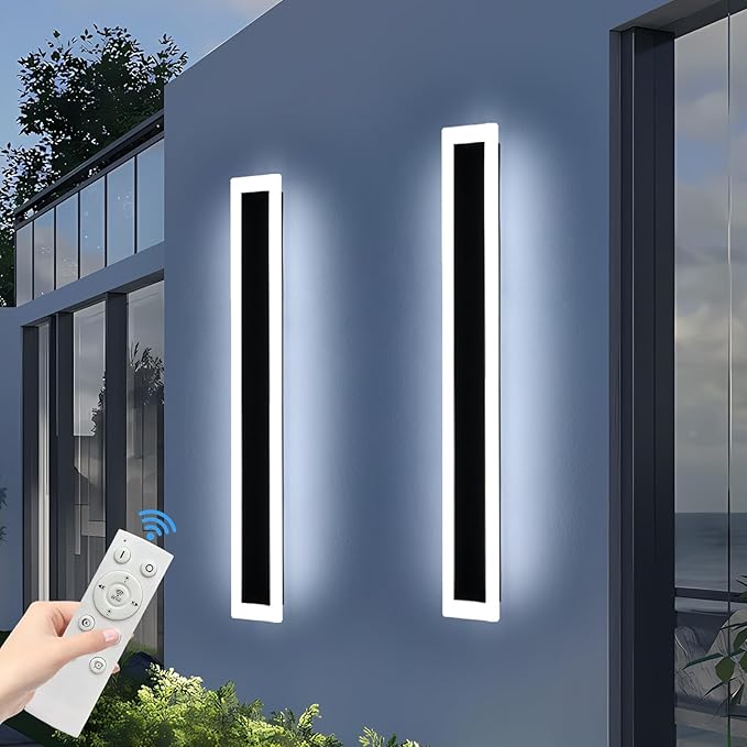 Upgrade Widened 2 Pack 57inch Long Modern Outdoor Wall Light, Dimmable 3000K-6000K, IP65 Waterproof Exterior Wall Sconces, 50W, Black LED Wall Mount Light for Home, Yard, Garden with Remote Control