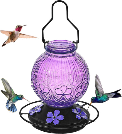 Glass Hummingbird Feeders for Outdoors Hanging, 23Oz Humming Bird Nectar Feeders with Perch, 5 Flower Feeding Ports, Leak Proof Base and Hook for Garden Decor, Gifts for Mom Women (Purple)