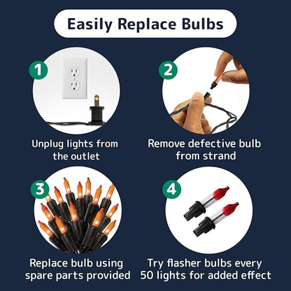 PREXTEX Halloween Lights (20 Feet, 100 Bulbs) - Halloween Party Decorations and Christmas Lights with Black Wire - Holiday Decorations Indoor or Outdoor String Twinkle Lighting - Orange