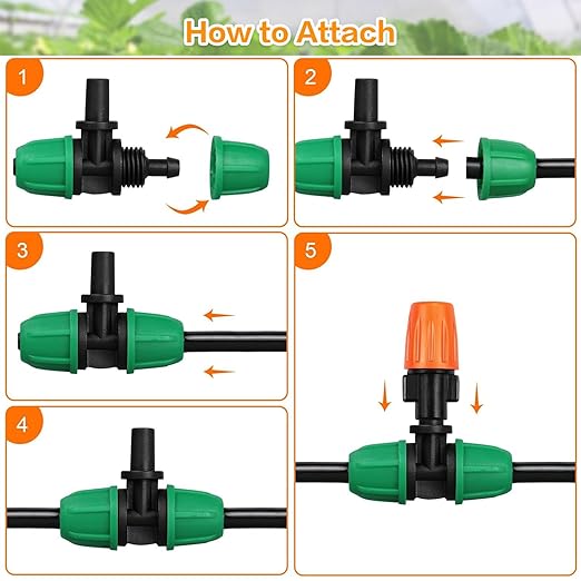 Upgraded Drip Irrigation Fittings for 1/4 inch Tubing to 6mm Flat Mouth: Lock Barbed Nozzle Tee Connectors for Connecting Micro Atomizing Nozzle for Garden Greenhouse Misting (24 Pack)