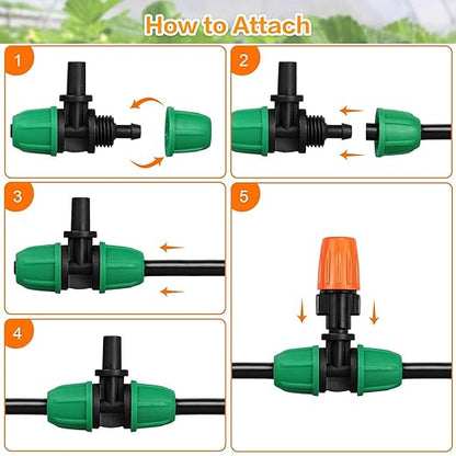 Upgraded Drip Irrigation Fittings for 1/4 inch Tubing to 6mm Flat Mouth: Lock Barbed Nozzle Tee Connectors for Connecting Micro Atomizing Nozzle for Garden Greenhouse Misting (24 Pack)