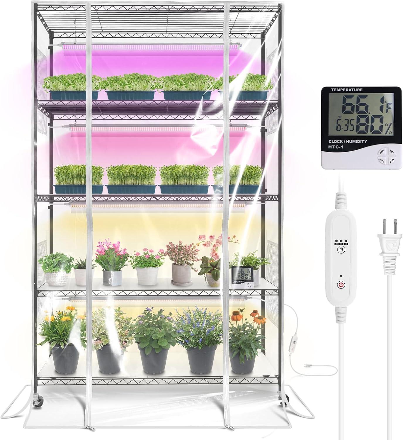 Bstrip Indoor Greenhouse with Grow Light, Tall Plant Stand with 4 Pack Full Spectrum Plant Lights , 3 Color Modes, Plant Shelf with Tent for Indoor Plant, Seed Starting, Seed Tray, 47.2"x17.8"x71"