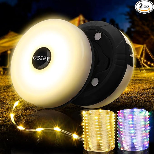 OGERY 2-Pack Camping String Lights, 4 in 1 Quick Storage 32.8FT Rechargeable Tent Lights String with 8 Lighting Modes, Hanging Waterproof Portable LED Lamp for Outdoor Patio Awning Party Essentials