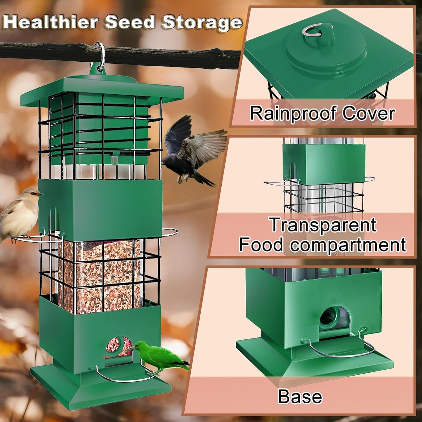 Squirrel Proof Bird Feeders for Outdoors Hanging, Large Capacity Gravity Protection Bird Feeders with 4 Feeding Ports, Metal Wild Bird Feeders for Outside, Finch, Cardinal, Blue Jay, 3.5Lbs