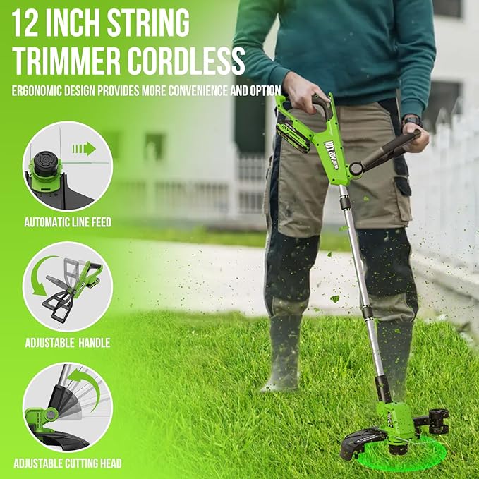 VARSK 20V String Trimmer Cordless, 12 Inch 2 in 1 Trimmer and Edger, Automatic Line Feed, Includes 2 X 2.0Ah Batteries/1 X Fast Charger/6 X Spare Spools, for Lawn, Garden, etc, Light Green