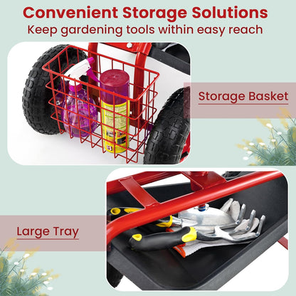 Giantex Garden Workseat, 360 Swivel Rolling Seat with Wheels, Tools Basket, Gardening Cart with Seat, Adjustable Height, Wagon Scooter for Patio Lawn Yard, Outdoor Steerable Stool (Red)