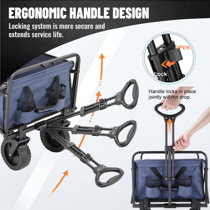Collapsible Folding Wagon Cart, Heavy Duty 220Lbs Capacity Foldable Wagon, Outdoor Camping Grocery Portable Utility Cart, All Terrain Sports Beach Wagon