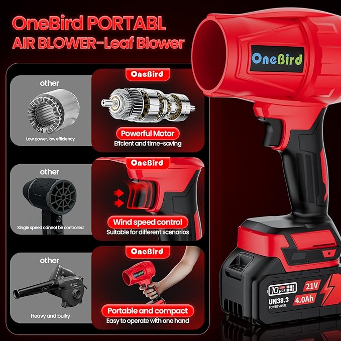Cordless-Leaf-Blower for Lawn Care-Handheld Blower-Electric Leaf Blower with Battery and Charger with 21V, 4.0Ah X 2 Batteries, Portable dust Cleaner-Lightweight Leaf blowers for Patio Cleaning-red