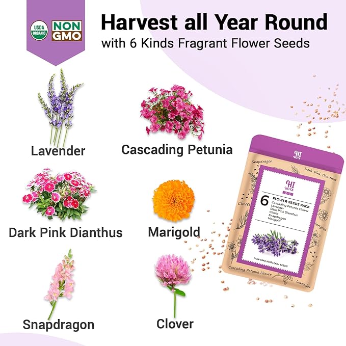Flower Seed Pod Kit, Grow Anything Kit for All Hydroponics Growing Systems, 14 Pods with 600+ Seeds of Cascading Petunia Flower/Lavender/Dark Pink Dianthus/Clover/Snapdragon/Marigold