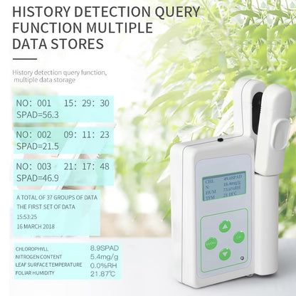 Plant Nutrition Tester, 4In1 Chlorophyll Meter High-Precision Detection of Chlorophyll and Nitrogen Content, Rapid Measurement, Data Storage and Analysis. Suitable for Agriculture, Research, Gardening