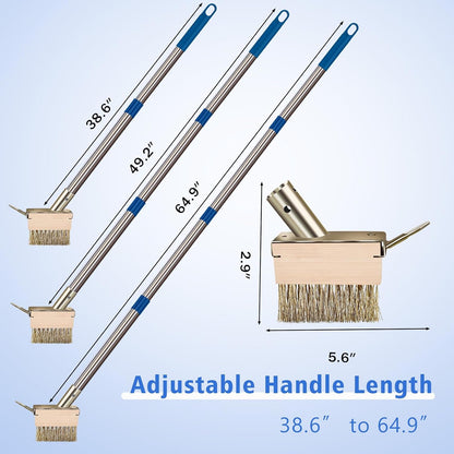 Moss Grout Remover Brush Tool with Detachable 64.9Inch Handle for Outdoor Concrete Deck Pavers Patios Walkways Crevice Cleaning, 2 Pcs Metal Wire Brush Heads with Crack Scraper Weeder Puller