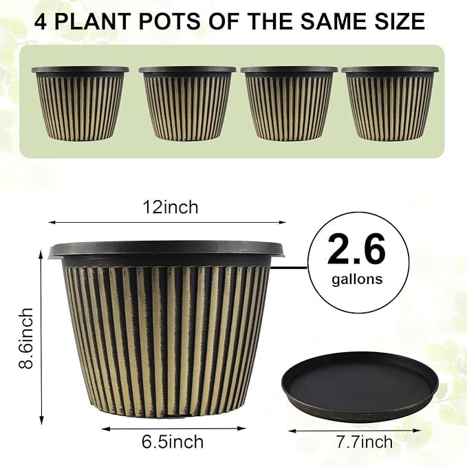 Large-Planter-Indoor-Outdoor Plant Pots, 12 inch 4 Pack Plastic Flower Pots with Saucer And Drainage Holes, Modern Garden Planters For Planting Medium Large Plants， Decorative Resin Garden Pots