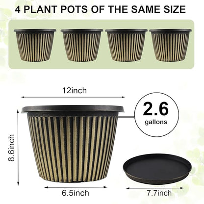 Large-Planter-Indoor-Outdoor Plant Pots, 12 inch 4 Pack Plastic Flower Pots with Saucer And Drainage Holes, Modern Garden Planters For Planting Medium Large Plants， Decorative Resin Garden Pots