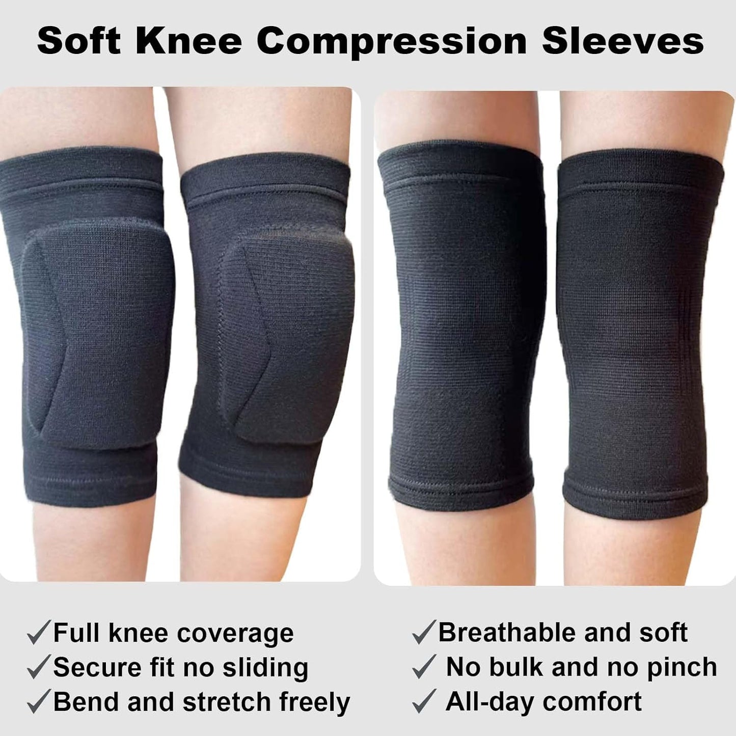 Men Women Knee Pads for Volleyball Wrestling Sports, Lightweight Compression Knee Sleeve for Execise Fitness Workout, Protective Kneepad for Gardening Cleaning Kneeling Work, Black Plus Size (1 Pair)