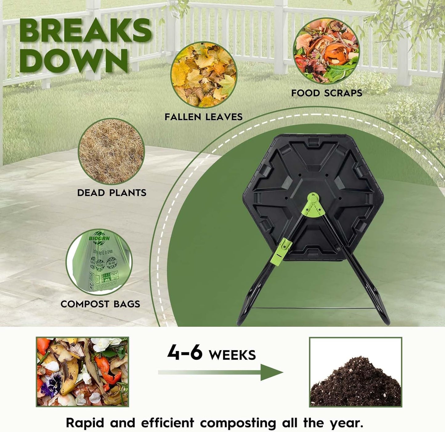 Compost Bin, 21 Gallon Small Composter Tumbler Outdoor Compact Single Rotating Chamber with Sliding Door and Steel Frame, BPA-Free Composting Bin for Garden, Kitchen, and Yard Waste