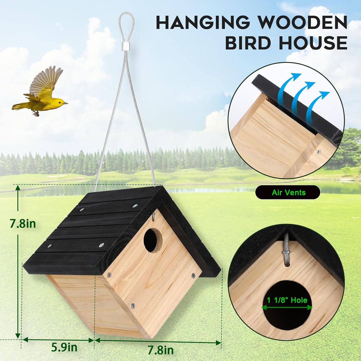 Gtongoko Hanging Wren Bird Houses for Outside, Cedar Wooden Bird Houses for Outdoors, Bird Nest with Air Vents, 1-1/8‘’ Entrance Hole, Clean Door for Wildbird Watching, 1 Pack Black