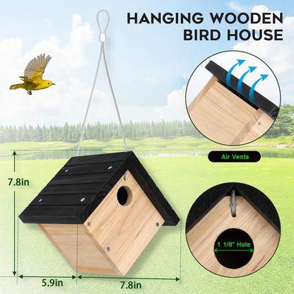 Gtongoko Hanging Wren Bird Houses for Outside, Cedar Wooden Bird Houses for Outdoors, Bird Nest with Air Vents, 1-1/8‘’ Entrance Hole, Clean Door for Wildbird Watching, 1 Pack Black