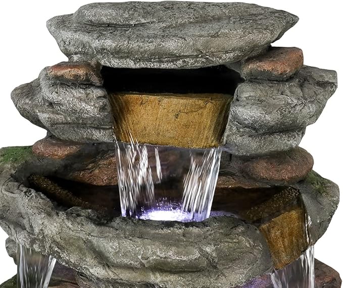 SunJet 47.2" High Cascading Rock Outdoor Water Fountain with LED Lights - Large Outdoor Resin Fountains and Waterfalls for Garden or Patio, Yard, and Deck Decor, Featuring Natural Stone Look