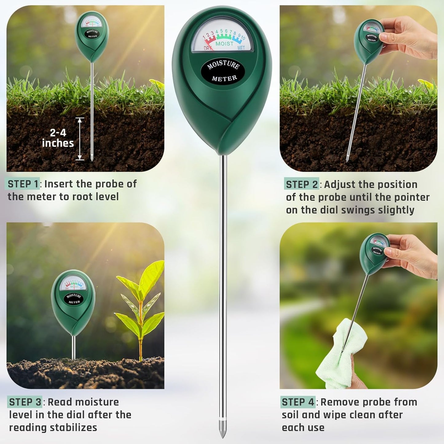 Plant Moisture Meter, Plant Water Meter, Soil Moisture Meter for House Plants for Garden, Lawn, Farm, Indoor & Outdoor Use, No Batteries Required (Green + Black)