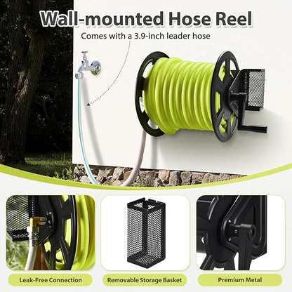 GADFISH Garden Wall Mounted Hose Reel, Metal Hose Reel, Holds 125ft of 5/8-Inch Hose(Not equipped), Equipped with 3.9ft Water Supply Hose and Small Storage Basket, Suitable for Gardens & Yards
