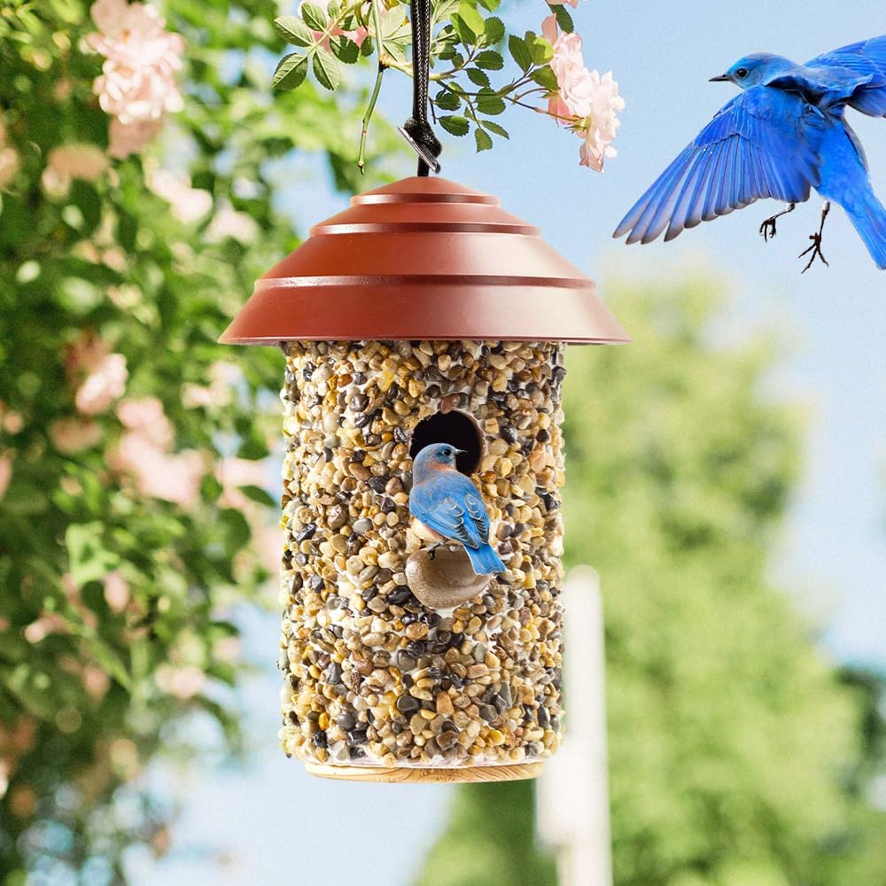 Pebble Stone Bird House for Outside Clearance, HDPE Roof Bird House for Outdoor, Heavy Duty Stone, Hanging Birdhouse for Outside, Wren House 10 Year Lasting （Red
