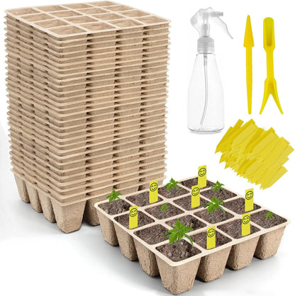 SYITCUN 640 Cells Seed Starter Tray, 40 Pack Biodegradable Seed Starter Kit, Peat Pots for Seedlings with 400 Plant Labels, 2 Seed Planting Tool and 1 Spray Bottle