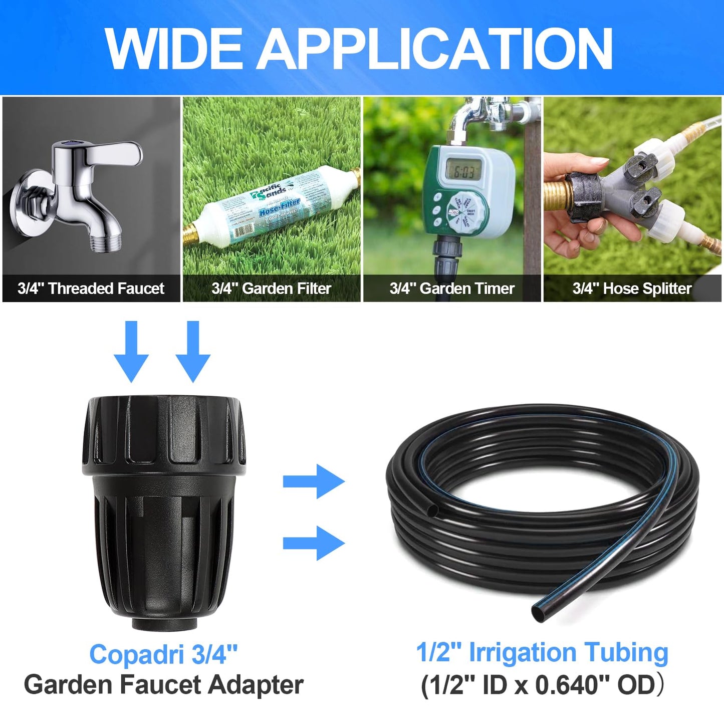 Universal 3/4 Inch Female Pipe Thread to 1/2 Inch Drip Irrigation Tubing Adapter, 8 Pack 1/2 In. Barbed Drip Line x 3/4 In. Faucet PVC Adapter Connect 3/4" FHT Garden Faucet Hose Bibb