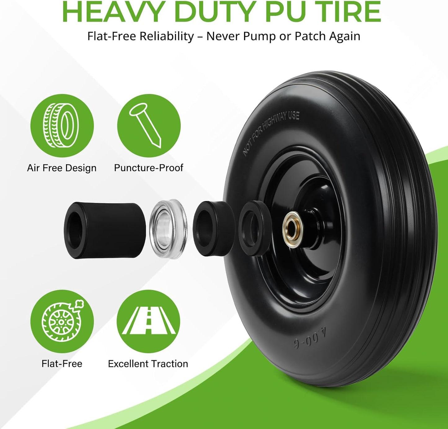 Backyard Expressions 13-Inch Flat-Free PU Tire 2-Pack – Solid PU Replacement Wheels with 5/8" & 3/4" Bearings, Spacer Kit & Steel Hubs for Wheelbarrows, Garden Carts, Wagons, Hand Trucks & More