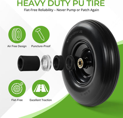 Backyard Expressions 13-Inch Flat-Free PU Tire 2-Pack – Solid PU Replacement Wheels with 5/8" & 3/4" Bearings, Spacer Kit & Steel Hubs for Wheelbarrows, Garden Carts, Wagons, Hand Trucks & More